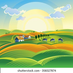 Summer sunrise landscape with village and cow.