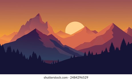 Salida del sol de verano en la cordillera del Gruppo del Cimonega en el Parque Nacional Tre Cime di Lavaredo. Dolomita, Tirol del Sur. Locación Auronzo, Italia, Europa Ilustración vectorial plana.