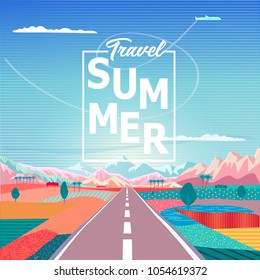 Summer sunrise painting poster on the theme of Road trip to mountains, blue sky, airplane, tropical palm, rural landscape, Travel, Voyage, Camping, outdoor recreation, adventures in nature, vacation