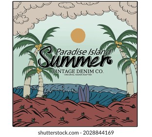Summer sunrise palm beach vector  t shirt print design. Beach wave with surfing board modern art. 
