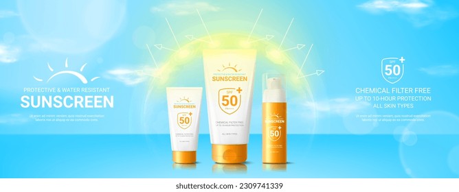 Plantilla de anuncios de protección solar de verano. Banner con tubos y botella de crema de protector solar en escudo de esfera bajo rayos solares. Concepto de protección contra la radiación ultravioleta. Ilustración vectorial 3d del producto de bloqueo solar.