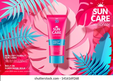 Summer sunscreen ads with product laying on tropical paper leavesin 3d illustration, fuchsia and blue tone