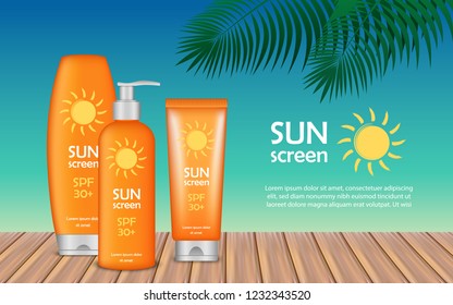 Summer sunscreen banner. Realistic illustration of summer sunscreen vector banner for web design