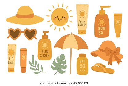 Sommerliches Sonnenschutz- und Strandzubehör mit Hut, Regenschirm und Kosmetik, ideal für Urlaubsblogs, Sonnenschutzführer und Reisedesign.