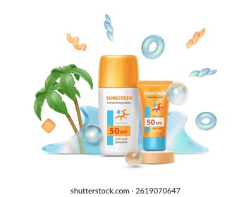 Summer sunscreen bottles ad template. Ad banner with tubes of sunscreen cream mockup SPF package beauty Concept, protection from UV radiation. 3d vector illustration of sunblock product isolated on wh