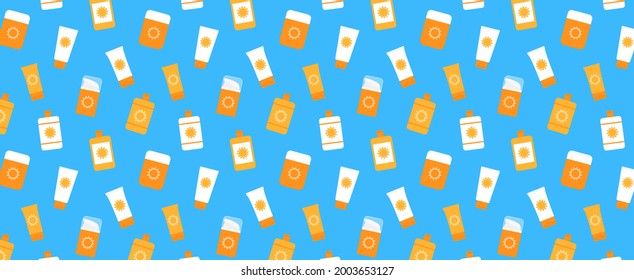 Summer sunscreen cosmetic seamless pattern. Bright colorful SPF sunblock cream bottles on blue background. Summer beach travel, safe sunbathing, skincare summer cosmetic wrapping paper texture pattern