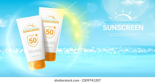 Summer sunscreen cream ad. 3d vector illustration of sunblock product. Ad banner with tubes of sunscreen cream in sphere shield under sun rays. Concept of solar protection cream from UV radiation.