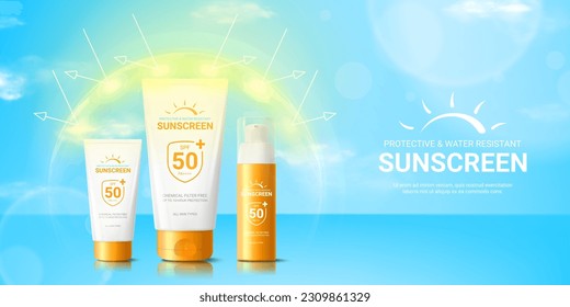 Summer sunscreen cream ad banner. Banner with tubes and bottle of sunscreen cream in sphere shield under sun rays. Concept of protection from UV radiation. 3d vector illustration of sunblock product.