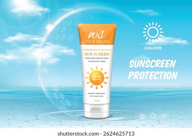Summer sunscreen cream ad banner. Banner with tubes and bottle of sunscreen cream in sphere shield under sun rays. Concept of protection from UV radiation. 3d vector illustration of sunblock product.