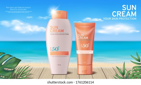 Summer sunscreen cream ads on beautiful beach scene with tropical plants in 3d illustration