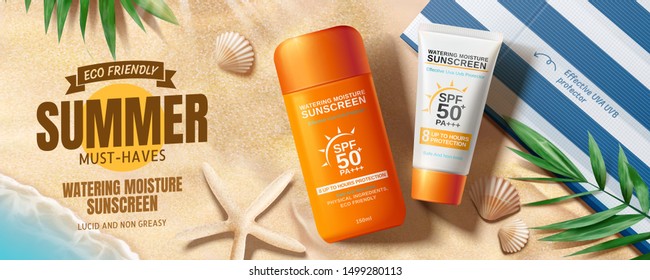 Summer sunscreen cream banner ads on beach background in 3d illustration, flat lay