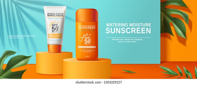 Summer Sunscreen Cream Banner Ads On Round Podium In 3d Illustration, Orange And Blue Background