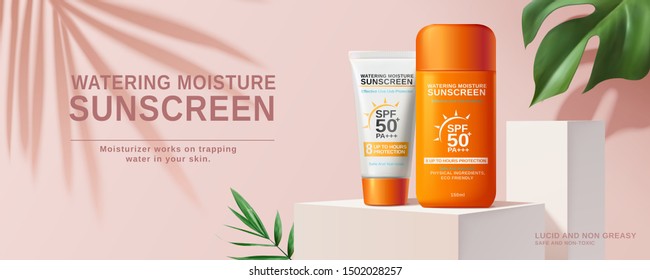 Summer sunscreen cream banner ads on square podium in 3d illustration