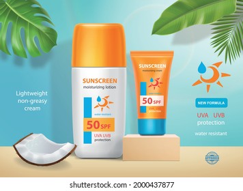 Summer sunscreen cream banner ads. Suntan skincare protection cream tube on podium in 3d illustration, tropical leaves.