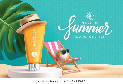 Summer sunscreen podium vector banner design. Summer greeting text with sunblock lotion in podium stage for tropical season product presentation design. Vector illustration enjoy summer promotion 