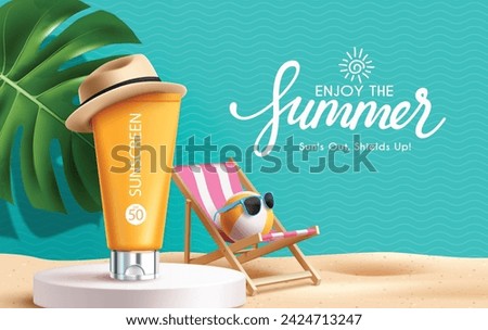 Summer sunscreen podium vector banner design. Summer greeting text with sunblock lotion in podium stage for tropical season product presentation design. Vector illustration enjoy summer promotion 