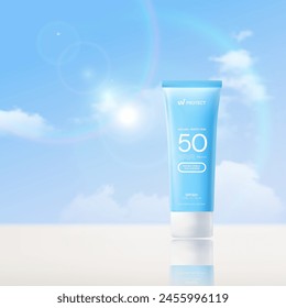 Summer sunscreen for skin protection,realistic cosmetic bottle mock up.