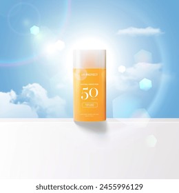 Summer sunscreen for skin protection,realistic cosmetic bottle mock up.