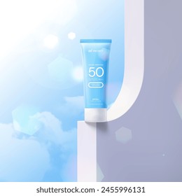 Summer sunscreen for skin protection,realistic cosmetic bottle mock up.