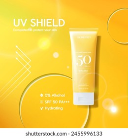 Summer sunscreen for skin protection,realistic cosmetic bottle mock up.