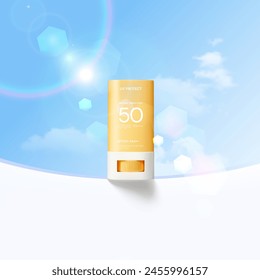 Summer sunscreen for skin protection,realistic cosmetic bottle mock up.