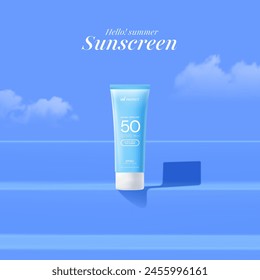 Summer sunscreen for skin protection,realistic cosmetic bottle mock up.