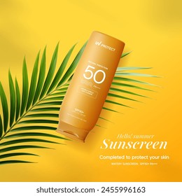 Summer sunscreen for skin protection,realistic cosmetic bottle mock up.