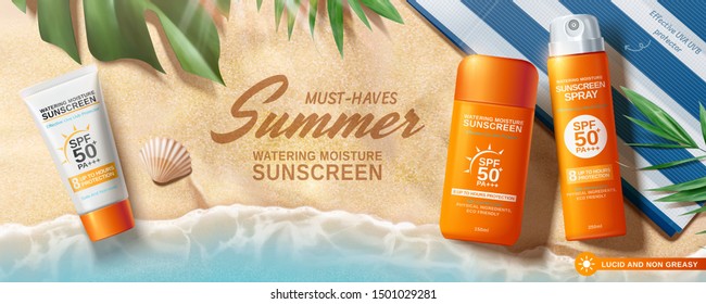 Summer Sunscreen Spray And Cream Banner Ads On Beach Background In 3d Illustration, Flat Lay