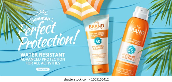 Summer Sunscreen Spray And Cream Lying On Blue Paper Wave Background, Top View 3d Illustration