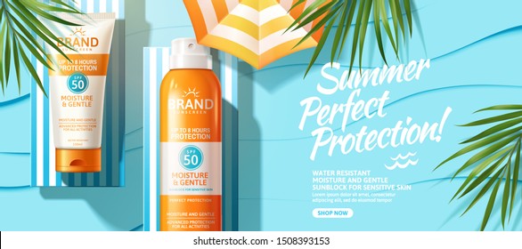 Summer sunscreen spray and cream lying on lounger, top view 3d illustration blue background