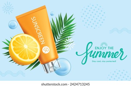 Diseño de banner vectorial de protector solar de verano. Loción de verano de bloqueador solar en elementos de cosméticos de aroma naranja para la temporada tropical soleada caliente de promoción de producto banner publicitario. Ilustración vectorial de verano