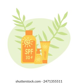 Summer sunscreens with SPF: lotion, cream, spray with palm leaf and abstract shape. Hand drawn vector illustration.