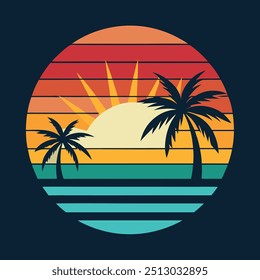 Ilustración vectorial de arte de la puesta del sol del verano 