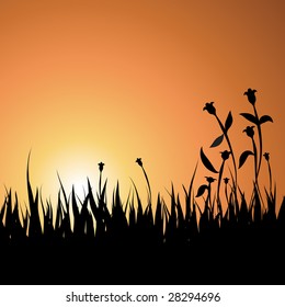 Summer Sunset Background with Grass and Flowers - Vector