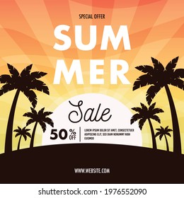 Summer sunset background. Summer sale flyer. Vector illustration 