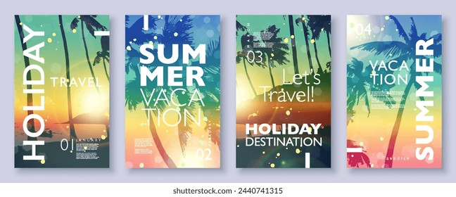 Summer sunset beach background set with palm trees and typography design for posters, covers, cards. Vector illustration.