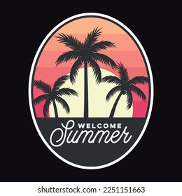 Summer, Sunset Beach California Emblem Patch Logo Poster Label Vector Illustration Retro Vintage Badge Sticker, And T-shirt Design