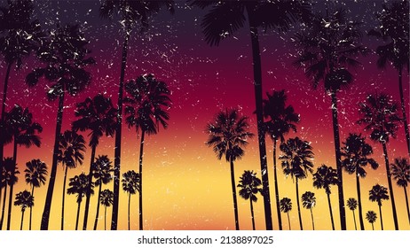 Summer sunset beach. California palm tree illustration with grainy texture. Design of social media, banner, poster, newsletter, advertisement, leaflet, placard, brochure, wallpaper, t-shirt, flyer.