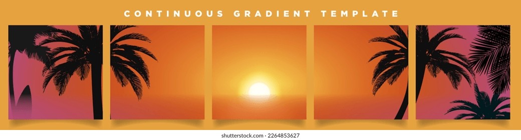 Summer Sunset Beach Continuous Background Templates reflection of sun in sea. Five summer gradient backdrops. Perfect for designs, feeds, social media, banners. Vector Illustration. EPS 10.