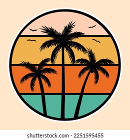 Summer, Sunset Beach Emblem Patch Logo Poster Label Vector Illustration Retro Vintage Badge Sticker And T-shirt Design
