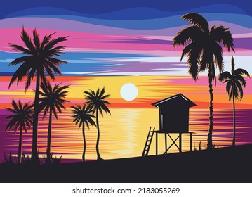 Summer sunset, sunset beach, Evening on the beach with palm trees, Colorful picture for rest, Colorful sunset on the tropical island. Beautiful ocean beach with palms and yacht illustration