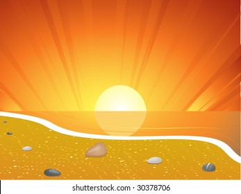 summer sunset beach with golden sun reflected on tranquil sea