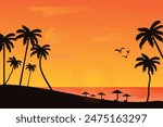 Summer sunset beach. Palm tree silhouette. Los Angeles, California, Hollywood. Design of social media, banner, poster, newsletter, wallpaper