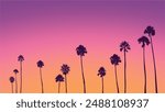 Summer sunset beach. Palm tree silhouette. Los Angeles, California, Hollywood. Design of social media, banner, poster, newsletter, advertisement, leaflet, placard, brochure, wallpaper, t-shirt, flyer.