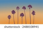 Summer sunset beach. Palm tree silhouette. Los Angeles, California, Hollywood. Design of social media, banner, poster, newsletter, advertisement, leaflet, placard, brochure, wallpaper, t-shirt, flyer.