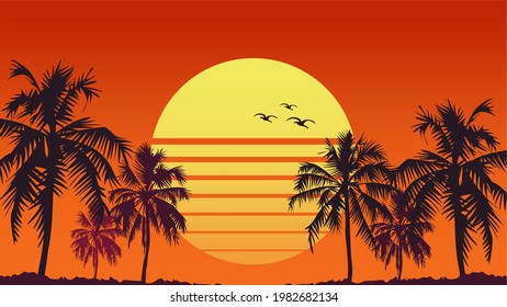 Playa de veraneo. Silhouette de palmeras. Vista tropical de la puesta de sol. Diseño de pancartas, afiches, correos electrónicos, boletines, anuncios, volantes, pancartas, folletos, papel pintado, camiseta, volante.