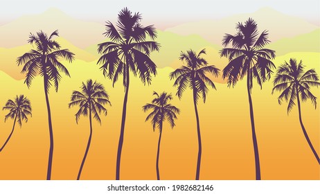 Playa de veraneo. Silhouette de palmeras. Vector de playa de California. Diseño de pancartas, afiches, correos electrónicos, boletines, anuncios, volantes, pancartas, folletos, papel pintado, camisetas, volante.