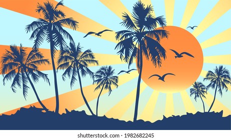 Summer sunset beach. Palm tree silhouette. Hawaii, Malibu, Bali. Design of social media banners, posters, emails, newsletters, advertisements, leaflets, placards, brochures, wallpaper, t-shirt, flyer.