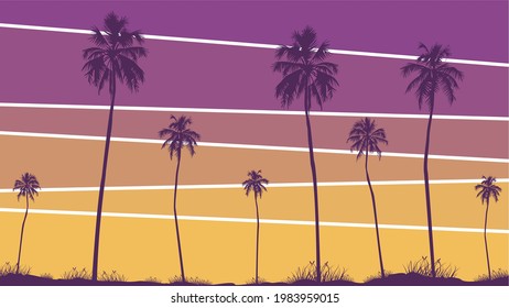 Summer Sunset Beach. Palm Tree Silhouette. California Beach Vector. Design Of Social Media Banners, Posters, Emails, Newsletters, Advertisements, Leaflet, Placard, Brochure, Wallpaper, T-shirt, Flyer.