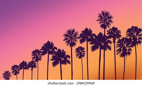 Summer sunset beach. Palm tree silhouette. Los Angeles, California, Hollywood. Design of social media, banner, poster, newsletter, advertisement, leaflet, placard, brochure, wallpaper, t-shirt, flyer.